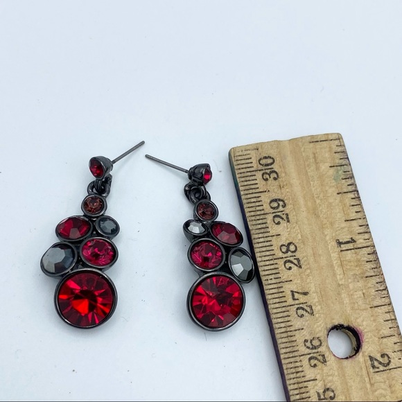 Faux Garnets Red Multi Faceted Gunmetal Tone Dangling Pierced Earrings - Picture 3 of 9